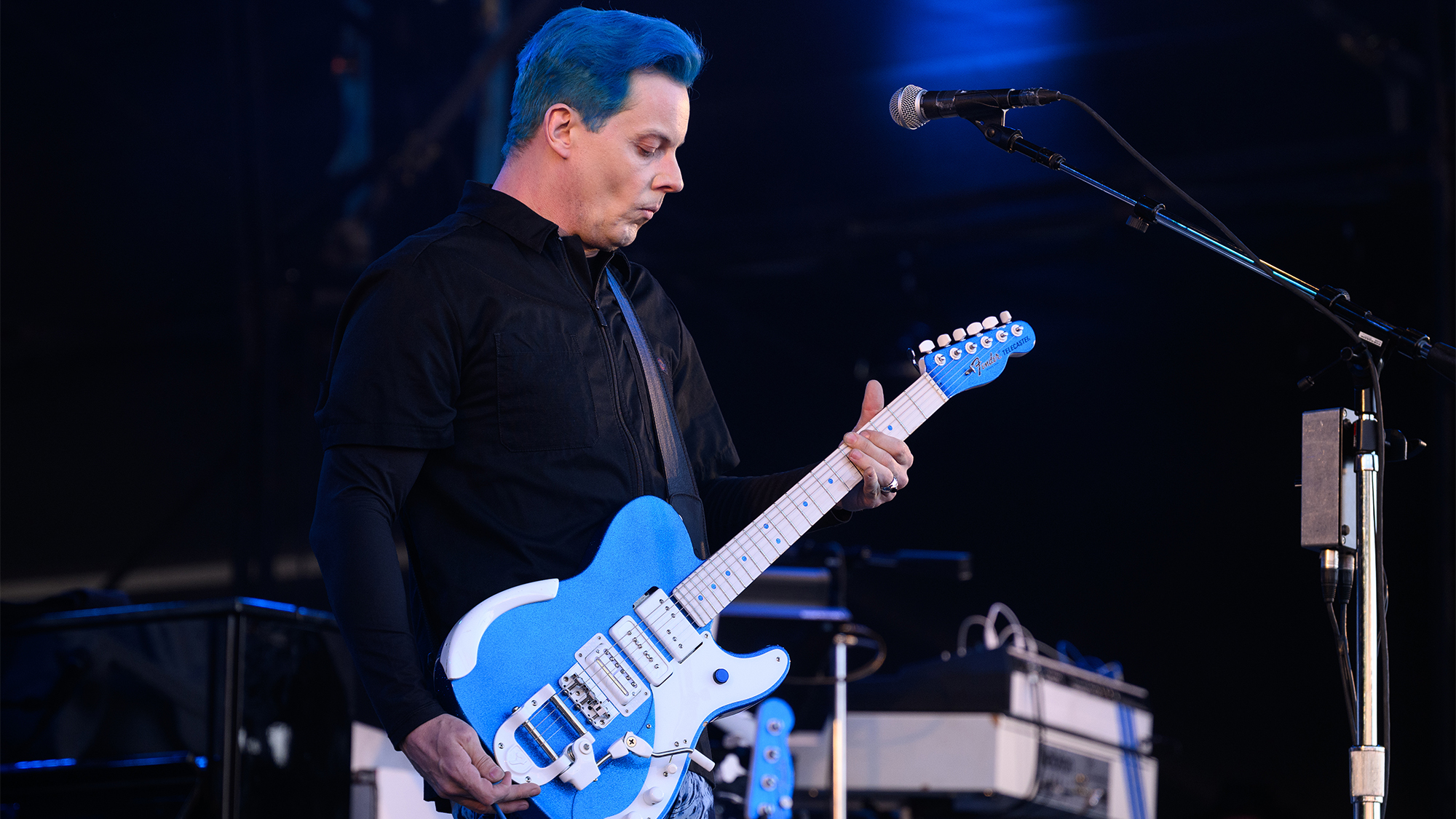 Jack White plays his custom Fender Three-Wheel-Motion Low-Rider Telecaster during day five of Glastonbury Festival at Worthy Farm, Pilton on June 26, 2022.