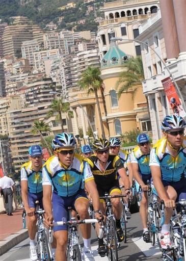 Astana team members on a training ride in Monaco.