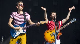 Cory Wong (left) and Jack Stratton of Vulfpeck perform during Austin City Limits Festival at Zilker Park on October 13, 2017 in Austin, Texas
