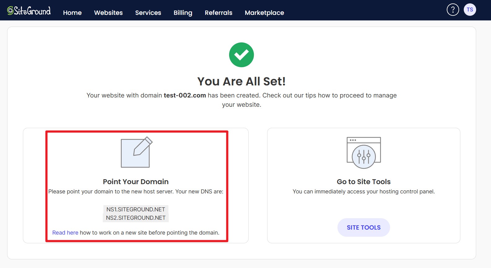 SiteGround DNS server notice when creating a website
