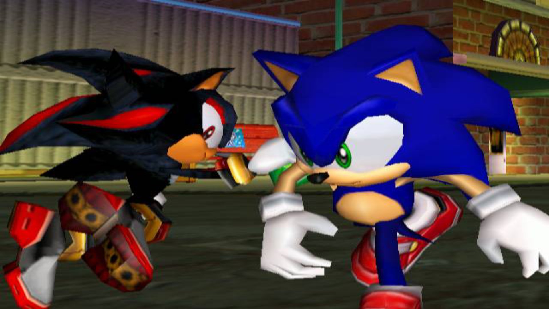 Sonic Adventure 2 screenshot of Sonic and Shadow going past each other