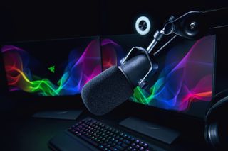 A Razer USB microphone in from on monitors
