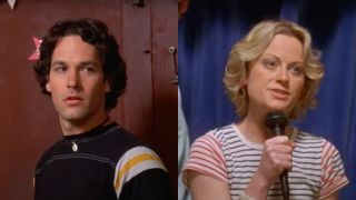 Side by side of Paul Rudd and Amy Poehler in Wet Hot American Summer during the talent show.