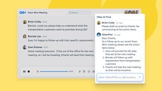 A screenshot of Otter.ai in which a user has asked OtterPilot to generate an email summarizing the key action items of a meeting. The UI screenshot has been put against a yellow background with an indistinct, darker yellow shape at the top of frame.