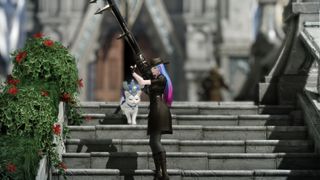 Lost Ark Gunslinger checks her gun on some steps with her cat behind her