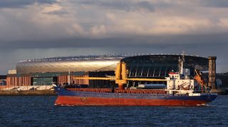 General view of Everton's new stadium at Bramley-Moore Dock during construction in September 2024.