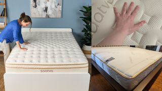 On the left, mattress tester Julia Sagar presses her hands into the Saatva Classic Mattress on our Sleep Lab. Top right, a close up of a hand on the Saatva Memory Foam Hybrid Mattress. Bottom right, the Saatva Memory Foam Hybrid in our tester's bedroom