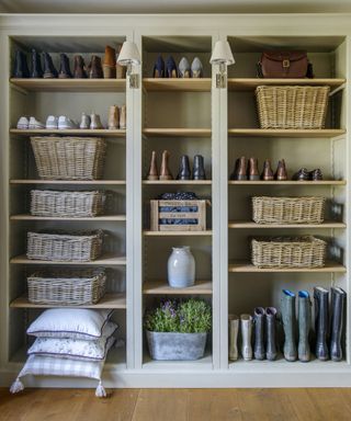 Storage ideas for a mud room with a wall of shelving