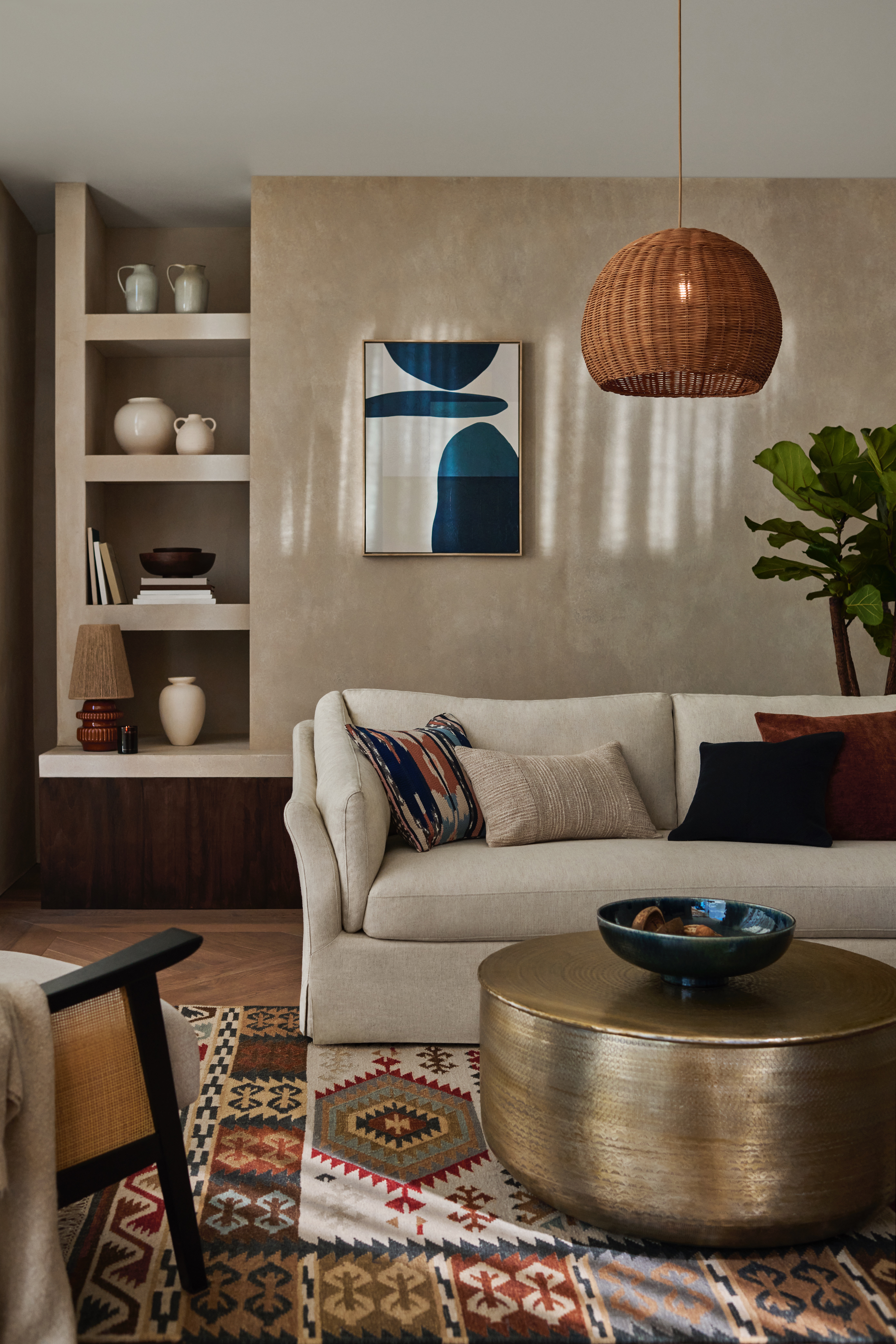 rustic inspired living room with beige sofa and warm tones