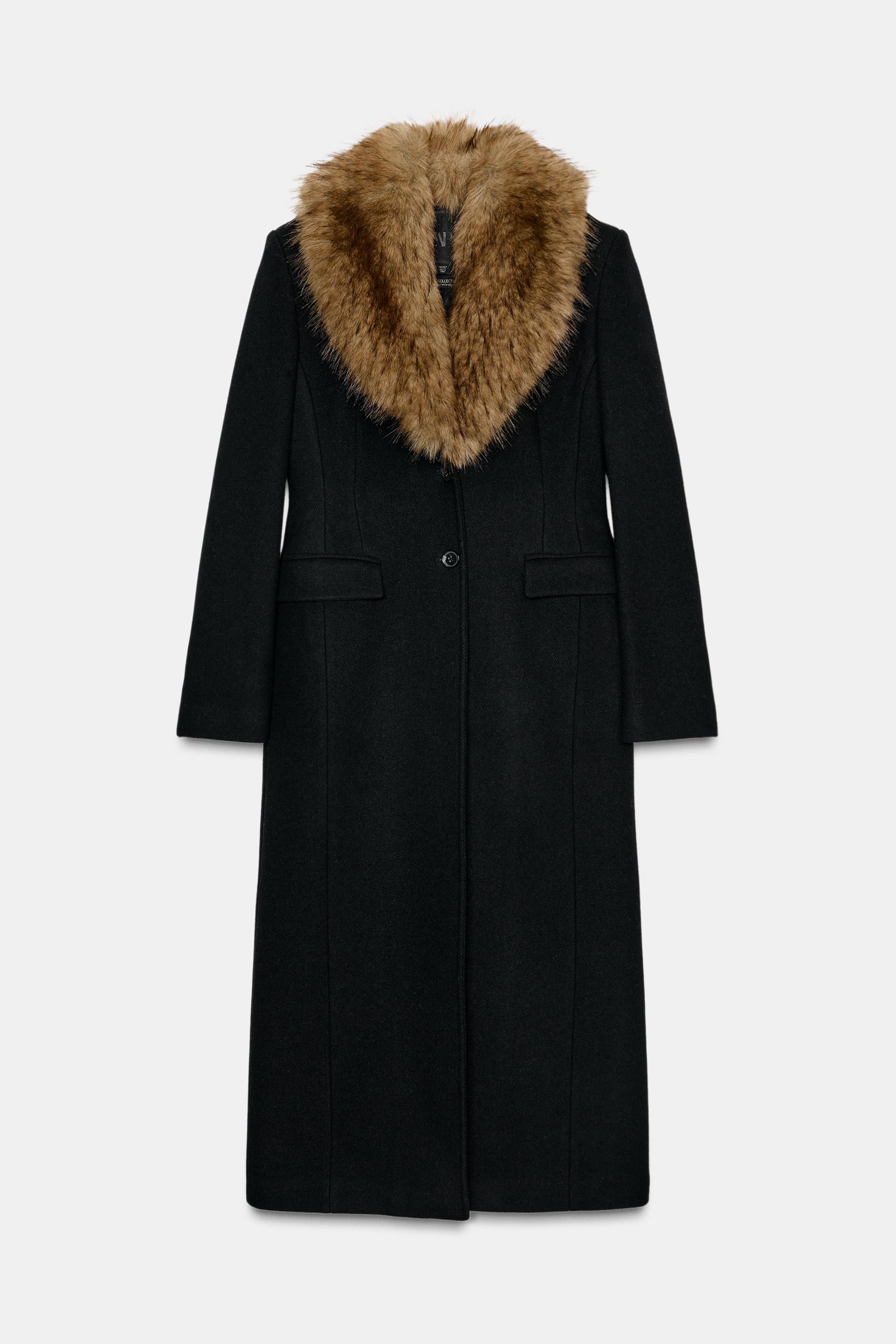Wool Blend Coat With Faux Fur Collar Zw Collection