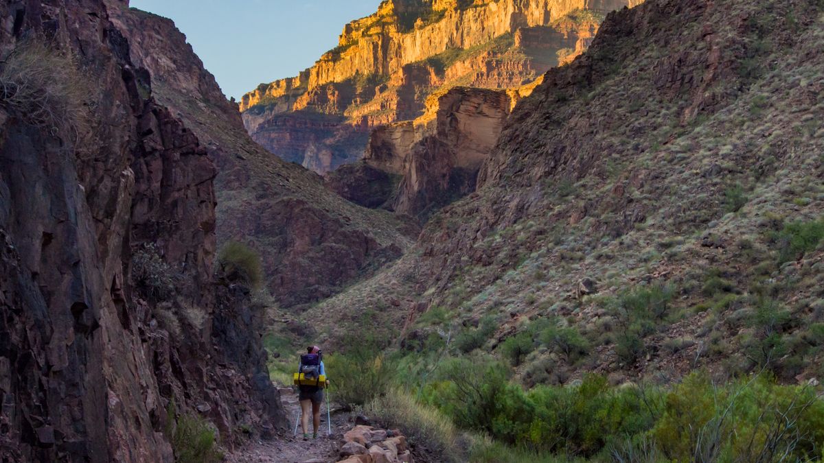 Backpacker on the bright angle trail grand canyon