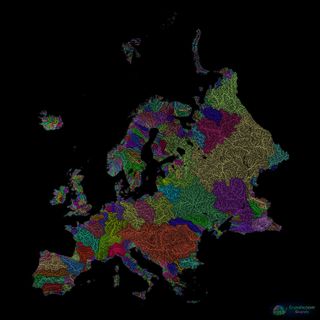 The major rivers of Europe appear in a kaleidoscope of color in cartographer Robert Szucs' map of river basins.
