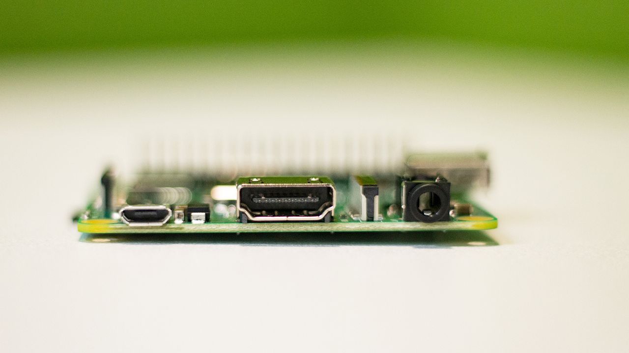 Side view of the Raspberry Pi 3 Model A+ showing power input, HDMI port and 3.5mm jack