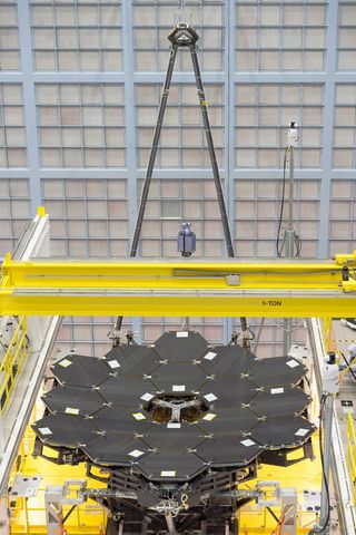 A rare view shows all 18 mirrors installed on the James Webb Space Telescope structure at NASA's Goddard Space Flight Center in Greenbelt, Maryland.