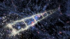 Artist's interpretation of the cosmic distance ladder, where each rung of the ladder provides information that can be used to determine the distances at the next higher rung. 