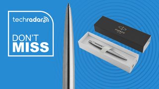 The Parker Jotter pen in chrome on a blue background next to a white TechRadar badge that reads 'Don't Miss'