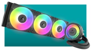 An image of an Arctic Liquid Freezer III Pro 360 ARGB cooler against a teal background with a white border
