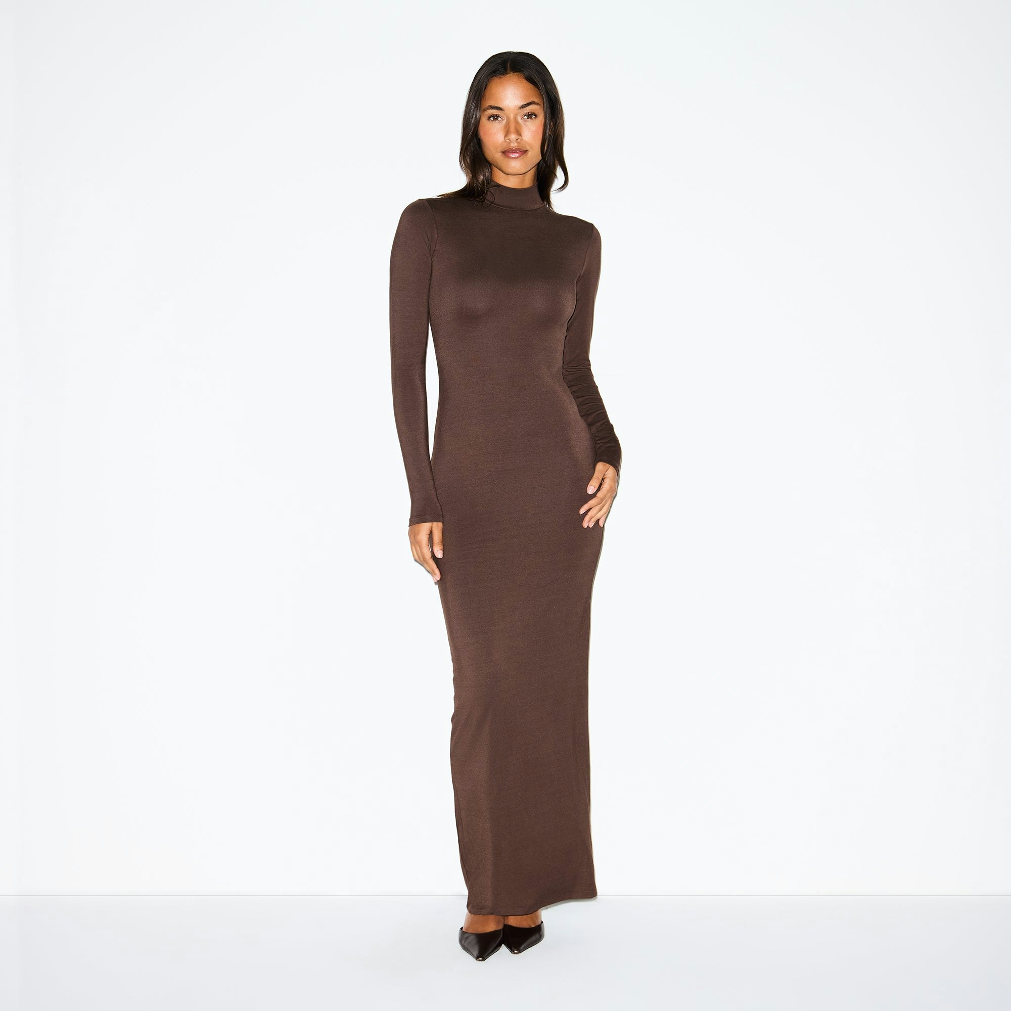 Smooth Layers Turtleneck Long Dress | Espresso | Xxs