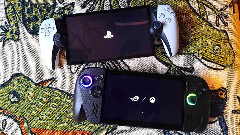 Picture of the PlayStation Portal at top and ROG Xbox Ally X at the bottom, sitting on a throw with a frog pattern.