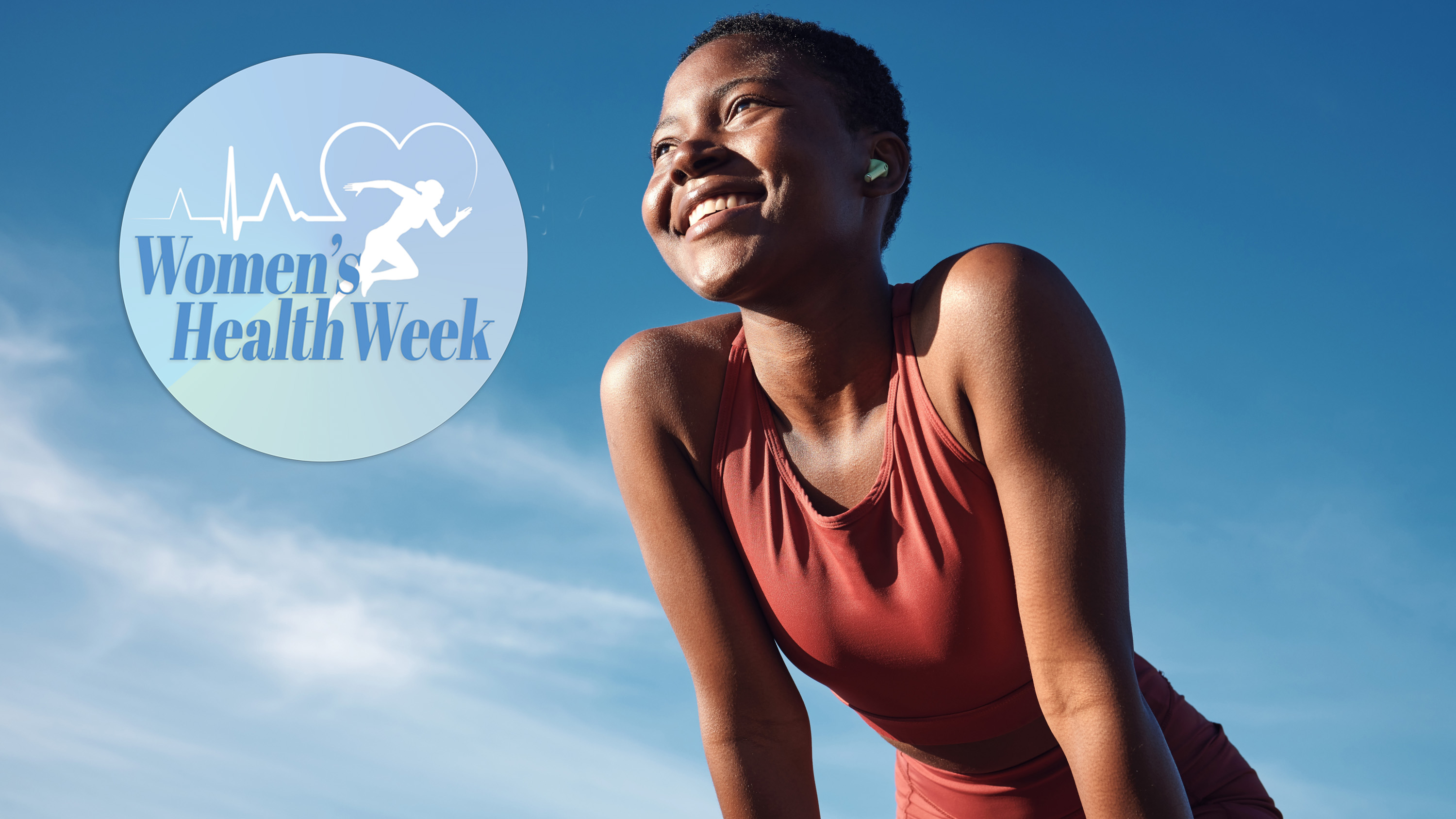 Woman outdoors smiling and bending over with Women's Health Week badge top left