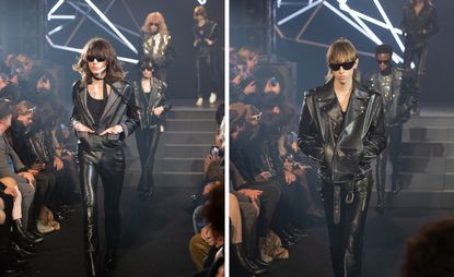 Double image of two models on Celine runway in black outfits and sunglasses