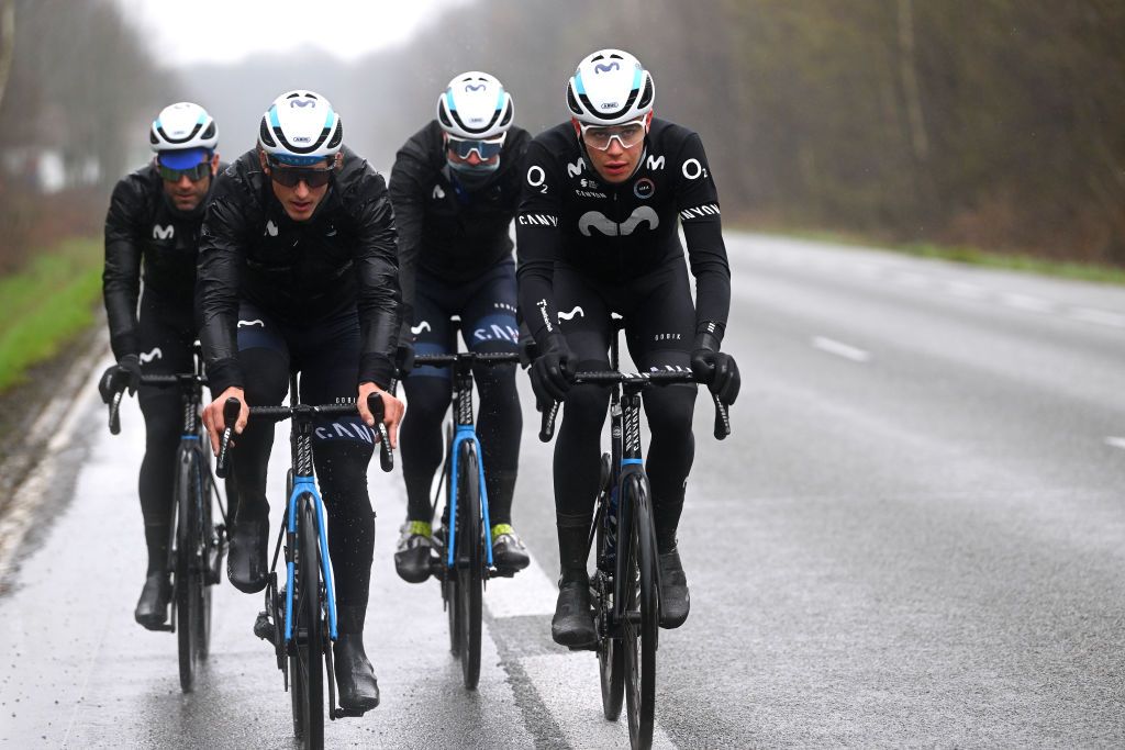 ROUBAIX FRANCE APRIL 06 LR Ivn Garca Cortina of Spain and Ivn Romeo of Spain and Movistar Team during the ParisRoubaix 2023 Training Day 1 UCIWT on April 06 2023 in Roubaix France Photo by Luc ClaessenGetty Images