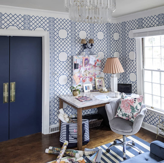 Blue double doors in office space with kitsch decor over desk and chair plus, patterned wallpaper