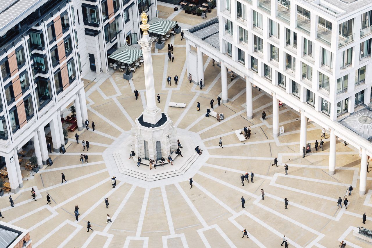 Aerial view of Paternoster Square in London, England.