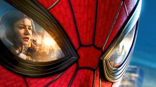 Close-up shot of Tom Holland's Spider-Man with MJ (Zendaya) visible in his mask 
