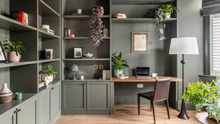 Green built-in shelving and desk nook with laptop, leather chair, trailing plants, and framed figure drawing.