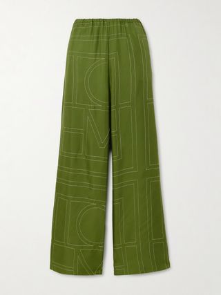 Embroidered Silk-Twill Wide-Leg Pants