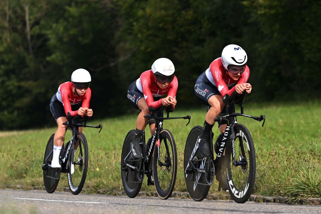ZURICH SWITZERLAND SEPTEMBER 25 Olivia Baril Ava Holmgren and Mara Roldan of Team Canada sprint during the 97th UCI Cycling World Championships Zurich 2024 Mixed Relay Team Time Trial a 537km one day race from Zurich to Zurich on September 25 2024 in Zurich Switzerland Photo by Tim de WaeleGetty Images