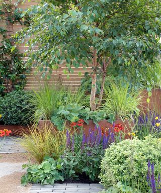 tree planted in a large container on a patio with slatted fence in background