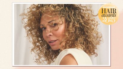 An image of a woman with curly flowing hair with the woman&home hair awards logo