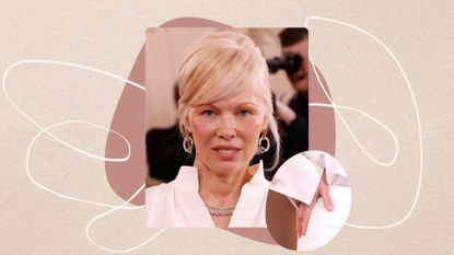 On the left, Pamela Anderson is pictured wearing a white shirt with her hair up at the 83rd Annual Golden Globe Awards at The Beverly Hilton on January 11, 2026 in Beverly Hills, California. And on the right is a close-up of Pamela Anderson's hand, from the same event, to show her natural manicure/ both featured in a cream template with a white swirling line and dark pink dot. 