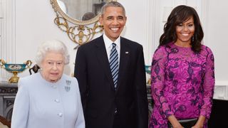 Queen Elizabeth II (L) stands with US President Barack Obama and First Lady of the United States, Michelle Obama in the Oak Room at Windsor Castle