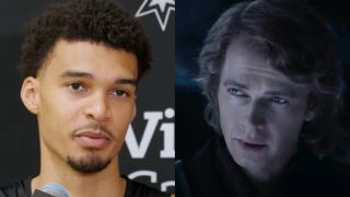 Split image of Victor Wembanyama and Anakin Skywalker