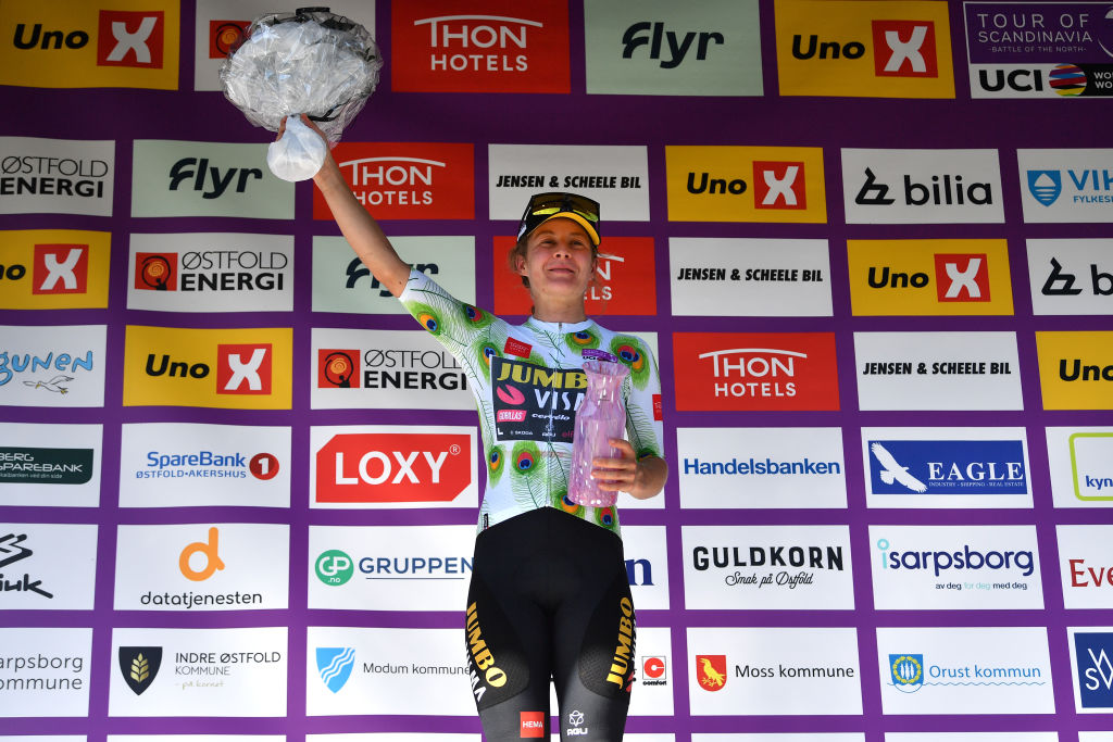 NOREFJELL NORWAY AUGUST 13 Amber Kraak of Netherlands and Jumbo Visma Team Queen of the mountains jersey celebrates at podium during the 8th Tour of Scandinavia 2022 Battle Of The North Stage 5 a 1274km stage from Vikersund to Norefjell 791m UCIWWT tourofscandinavia TOSC22 on August 13 2022 in Norefjell Norway Photo by Luc ClaessenGetty Images