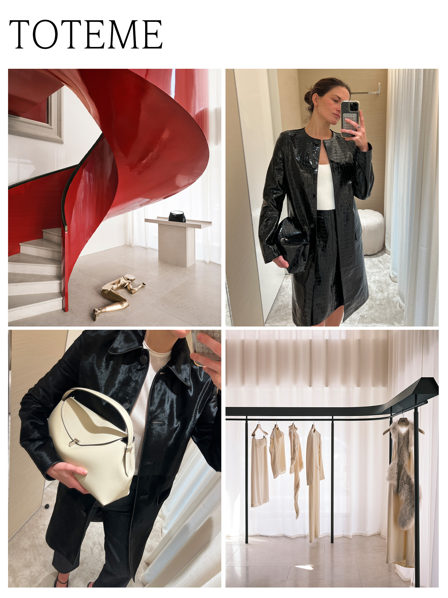 A collage of photos at Toteme's Upper East Side store's dressing room with text that says "Toteme" in all black capital letters.