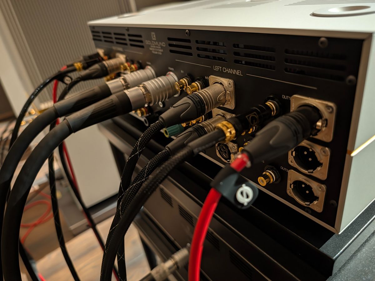 Goldmund Telos 9800 and Mimesis Statement system in listening room back of amp
