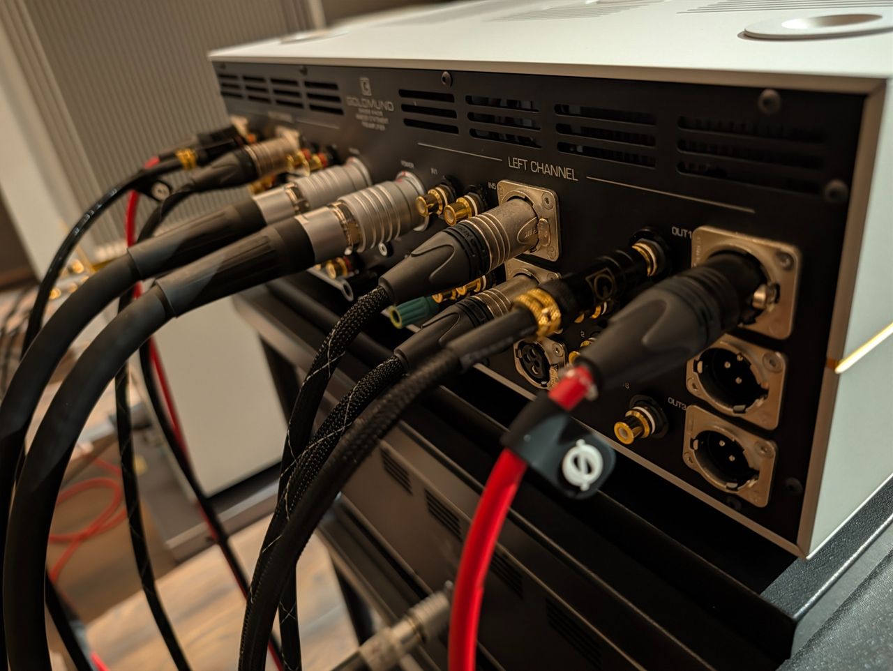 Goldmund Telos 9800 and Mimesis Statement system in listening room back of amp