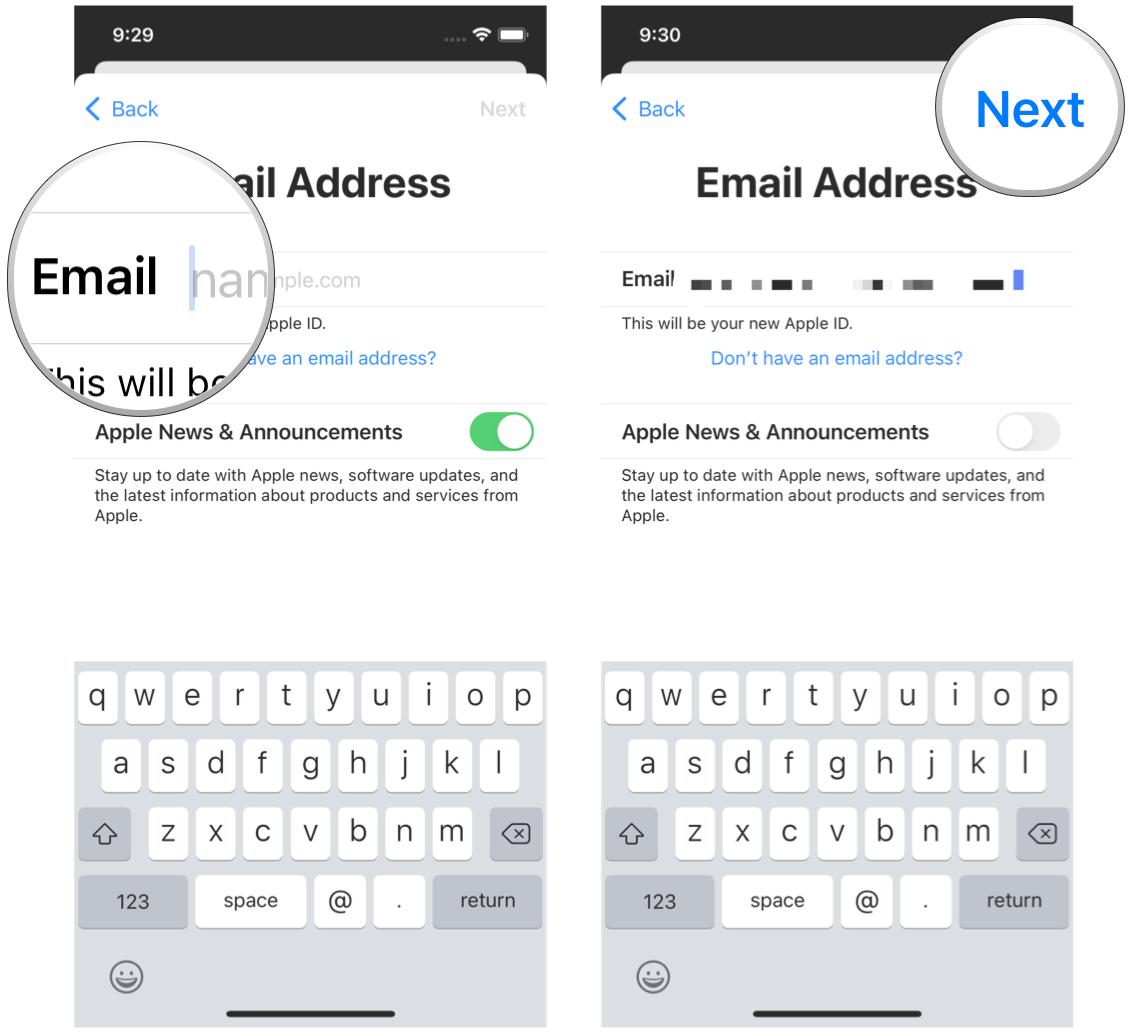 Создайте новый Apple ID на iPhone, показав: Введите адрес электронной почты, который хотите использовать, или создайте новый адрес электронной почты iCloud, выберите, хотите ли вы получать электронные письма с новостями и объявлениями Apple, затем нажмите «Далее».