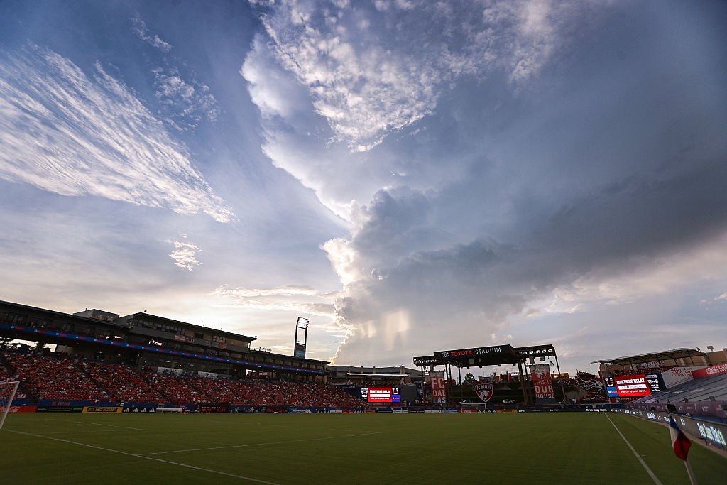 General view of the pitch with severe weather in the area that has delayed the start of the MLS soccer game between FC Dallas and San Jose Earthquakes at Toyota Stadium on June 25, 2025 in Frisco, Texas.