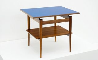 Blue end table with shelf