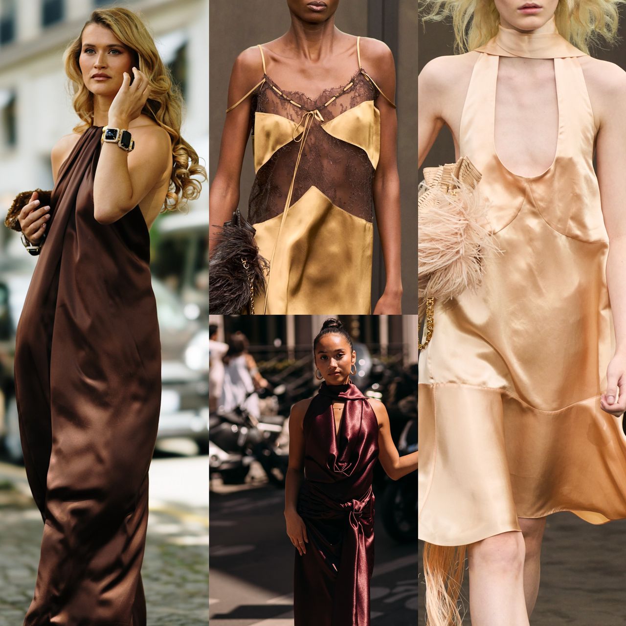 collage of women wearing slip dresses (brown slip dresses, cream slip dresses, beige slip dresses) 