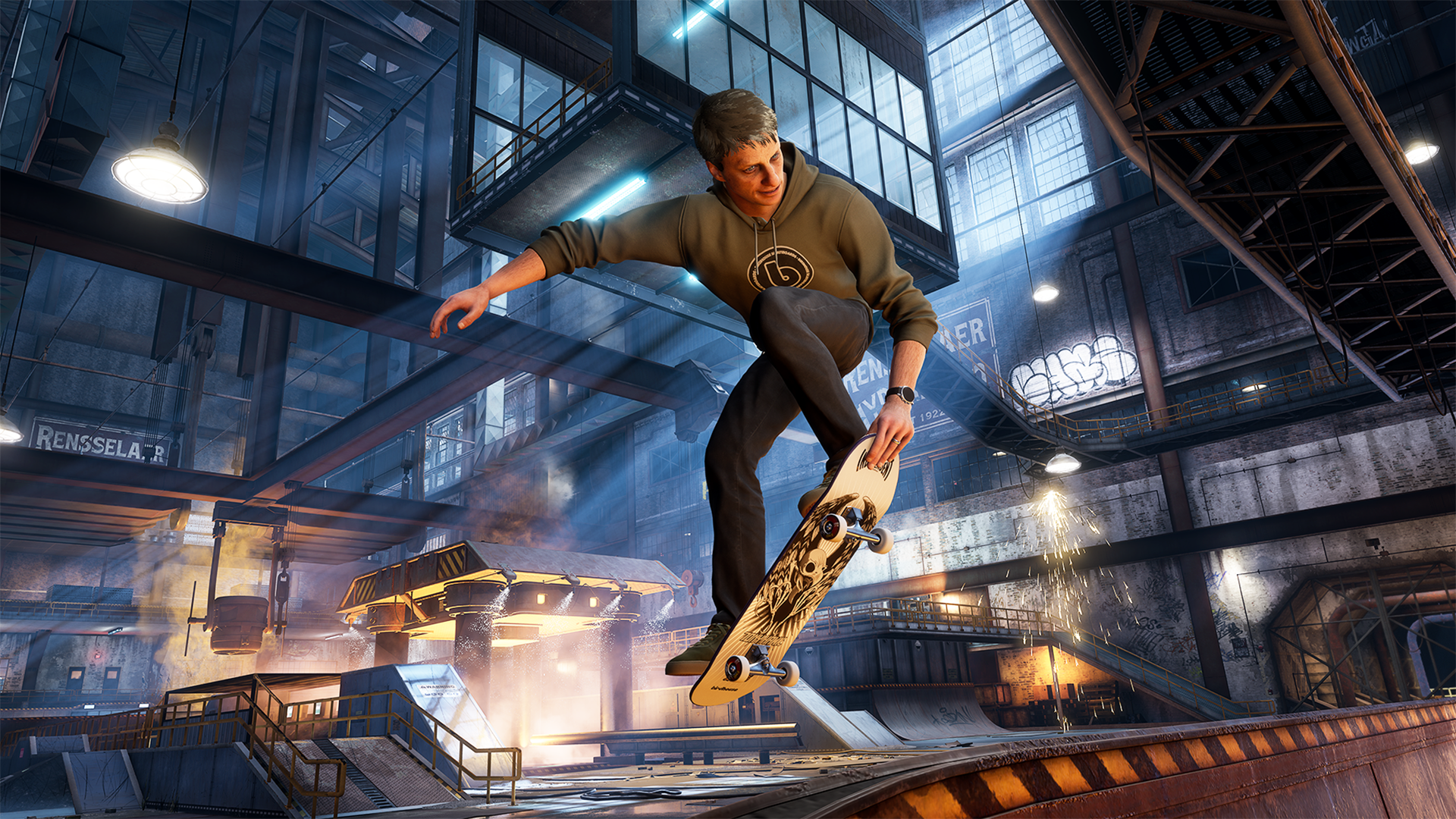 Tony Hawk&#039;s Pro Skater 3 + 4 screengrab (Tony Hawk leaping while holding skateboard)