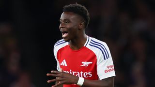 LONDON, ENGLAND - APRIL 23: Bukayo Saka of Arsenal during the Premier League match between Arsenal FC and Crystal Palace FC at Emirates Stadium on April 23, 2025 in London, England. (Photo by Marc Atkins/Getty Images)