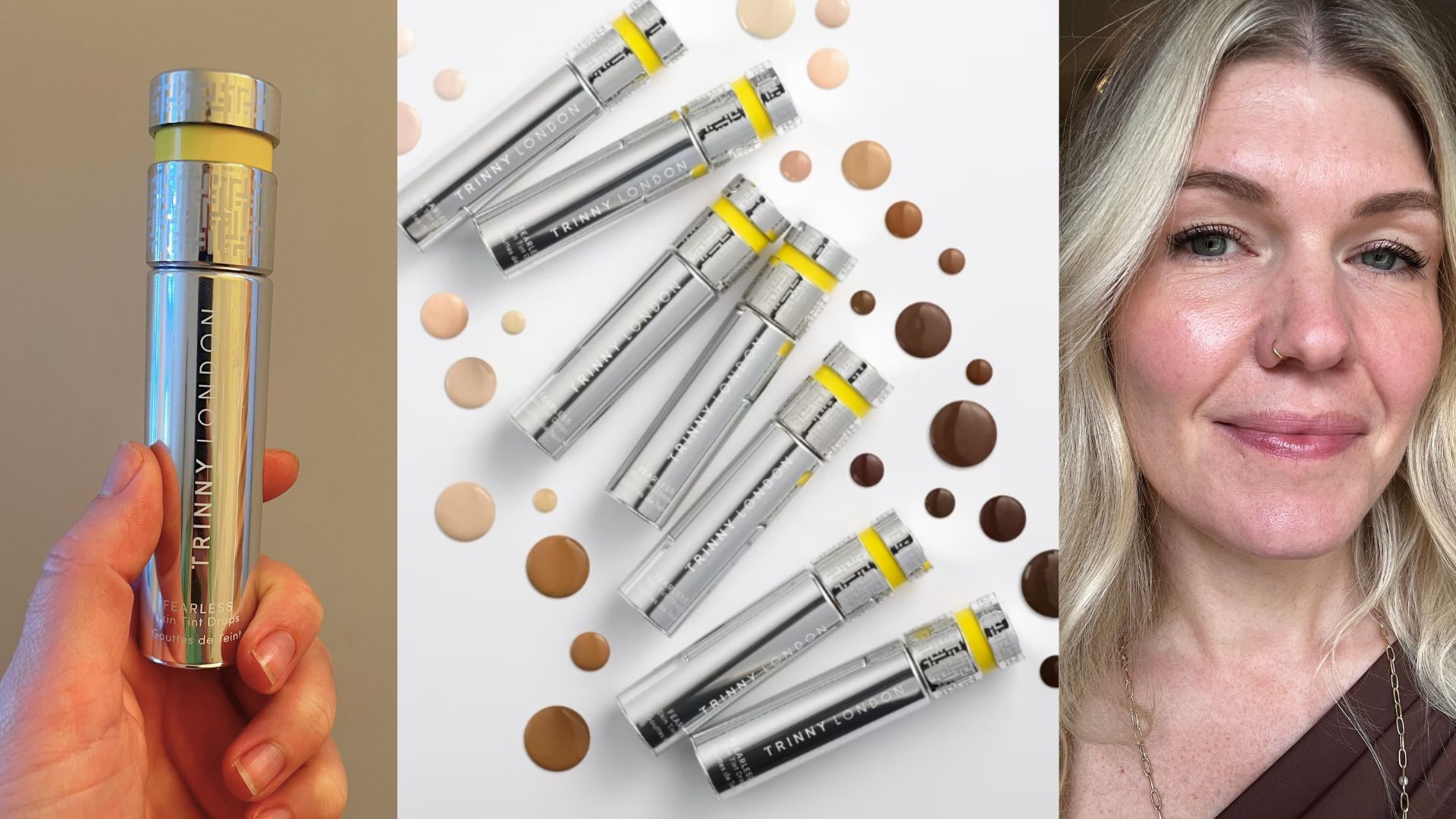 A hand holding Trinny London skin tint drops, beside an image of several bottles of the product with drops of the coverage, then beauty editor fiona mckim wearing the foundation