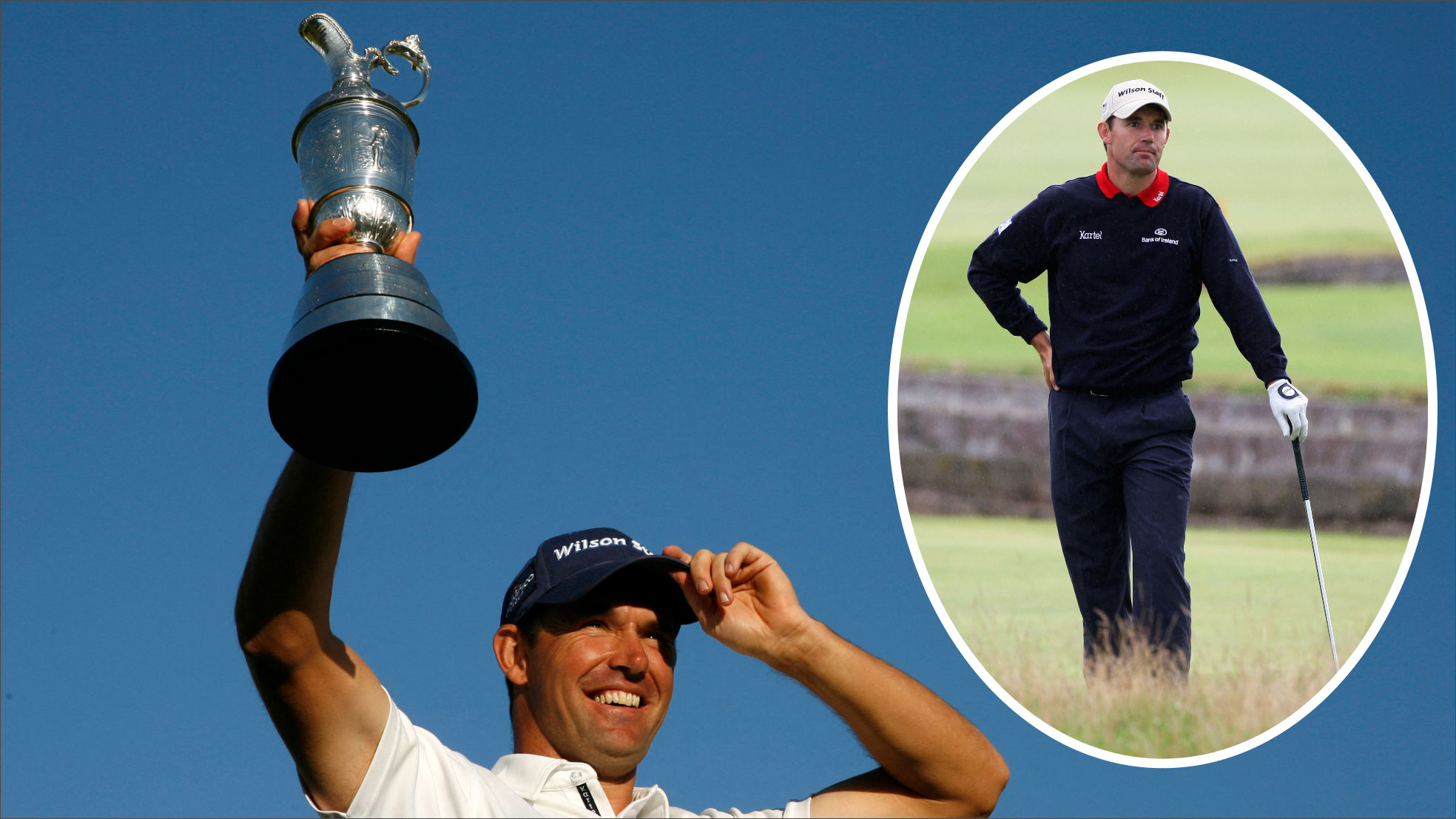 Padraig Harrington lifting the Clarket Jug at Birkdale with an inset of him struggling up the 72nd hole at Carnoustie the year before in 2007