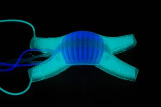 A soft robot glowing in the dark using chemiluminescence. It is now easier to locate.